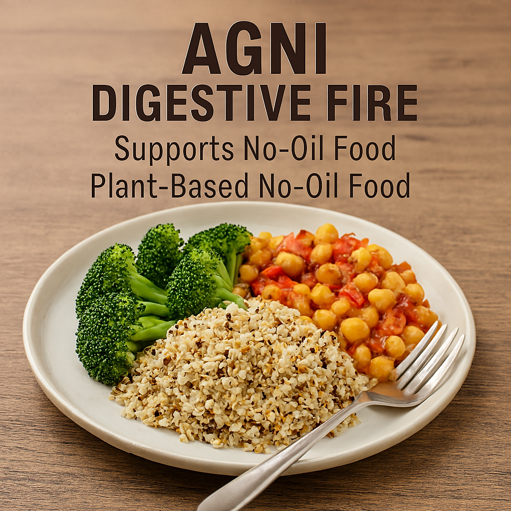 A ceramic plate with steamed broccoli, quinoa, and a chickpea-tomato medley sits on a wooden table. Text above reads “AGNI DIGESTIVE FIRE – Supports No-Oil Food, Plant-Based No-Oil Food.”