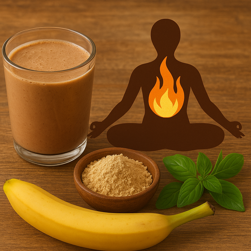 Glass of smoothie, banana, herbs, and protein powder with symbolic digestive fire inside a meditating figure, representing Ayurvedic pre-workout nutrition.