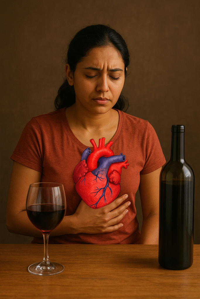 A troubled woman holding her chest while wearing a blouse with an illustration of a heart, seated at a table with a wine glass and bottle.