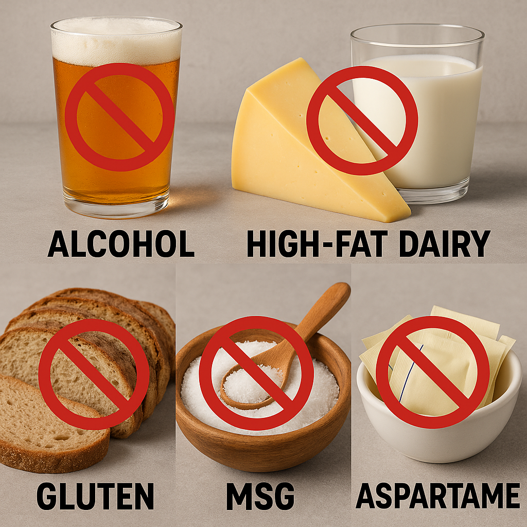 Bread, a bowl of MSG, a glass of beer, cheese with milk, and aspartame packets with red prohibition marks crossed out