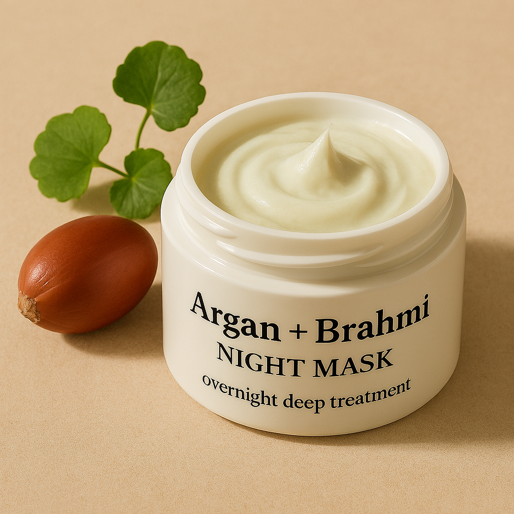 White jar labeled "Argan + Brahmi NIGHT MASK" filled with creamy off-white product, placed beside a reddish-brown argan nut and fresh green Brahmi leaves on a beige textured surface.