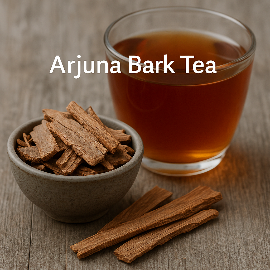 A glass cup of Arjuna bark tea with a small bowl of dried Arjuna bark pieces on a wooden table.
