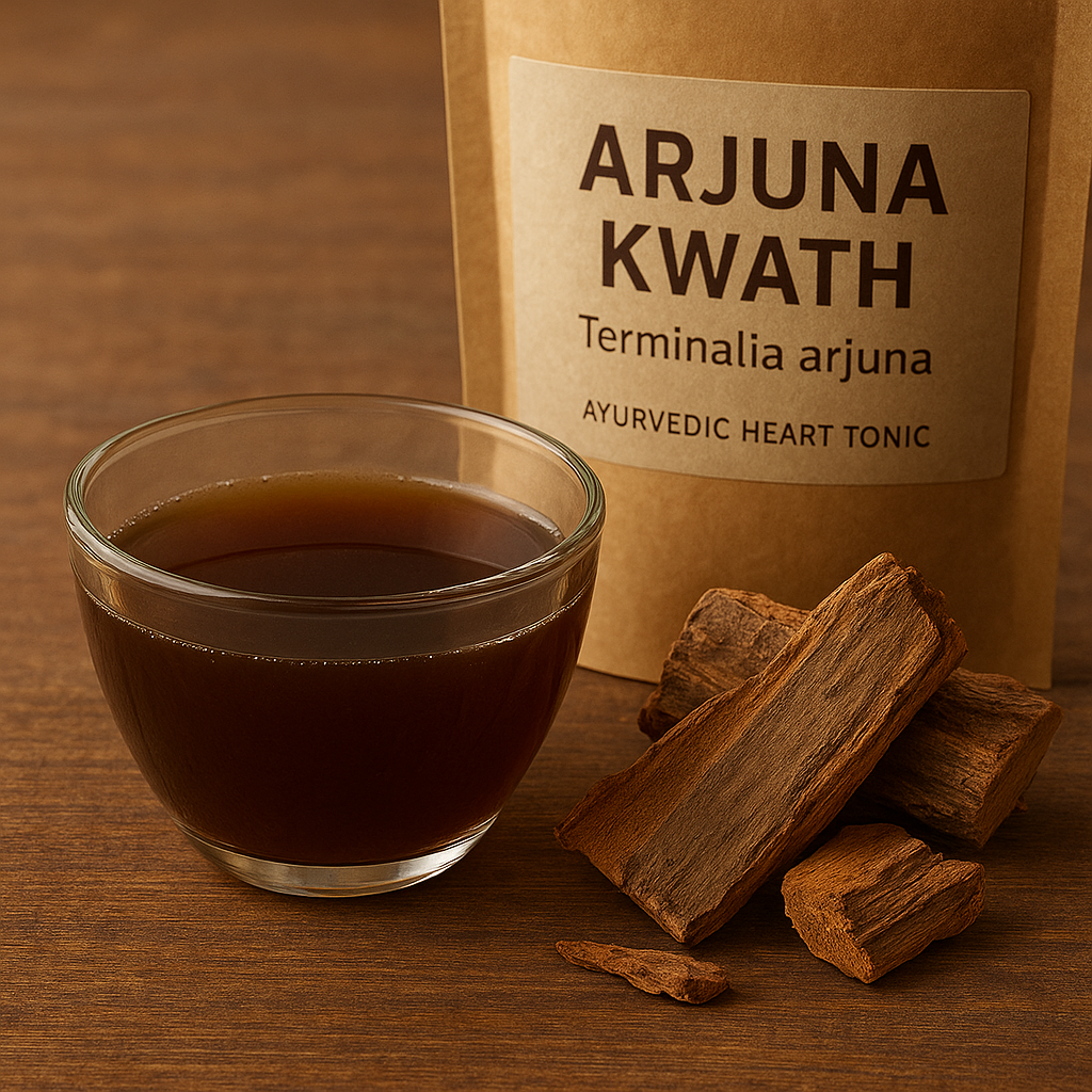 A packet titled "Arjuna Kwath – Ayurvedic Heart Tonic" and a glass cup of a herbal decoction made from dried Terminalia arjuna bark.