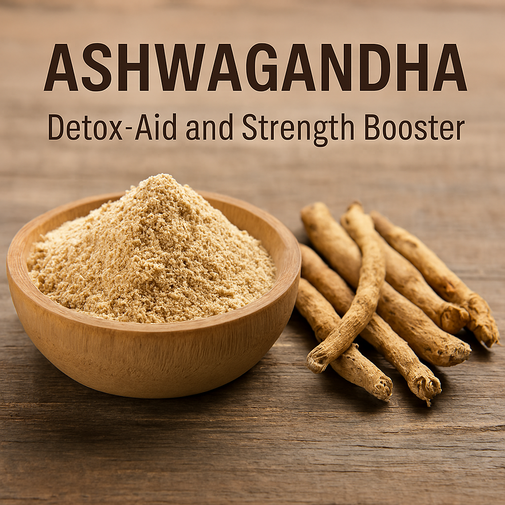 A wooden bowl filled with beige Ashwagandha powder sits beside dried Ashwagandha root segments on a rustic wooden surface, symbolizing its role as a natural detox aid and strength enhancer.