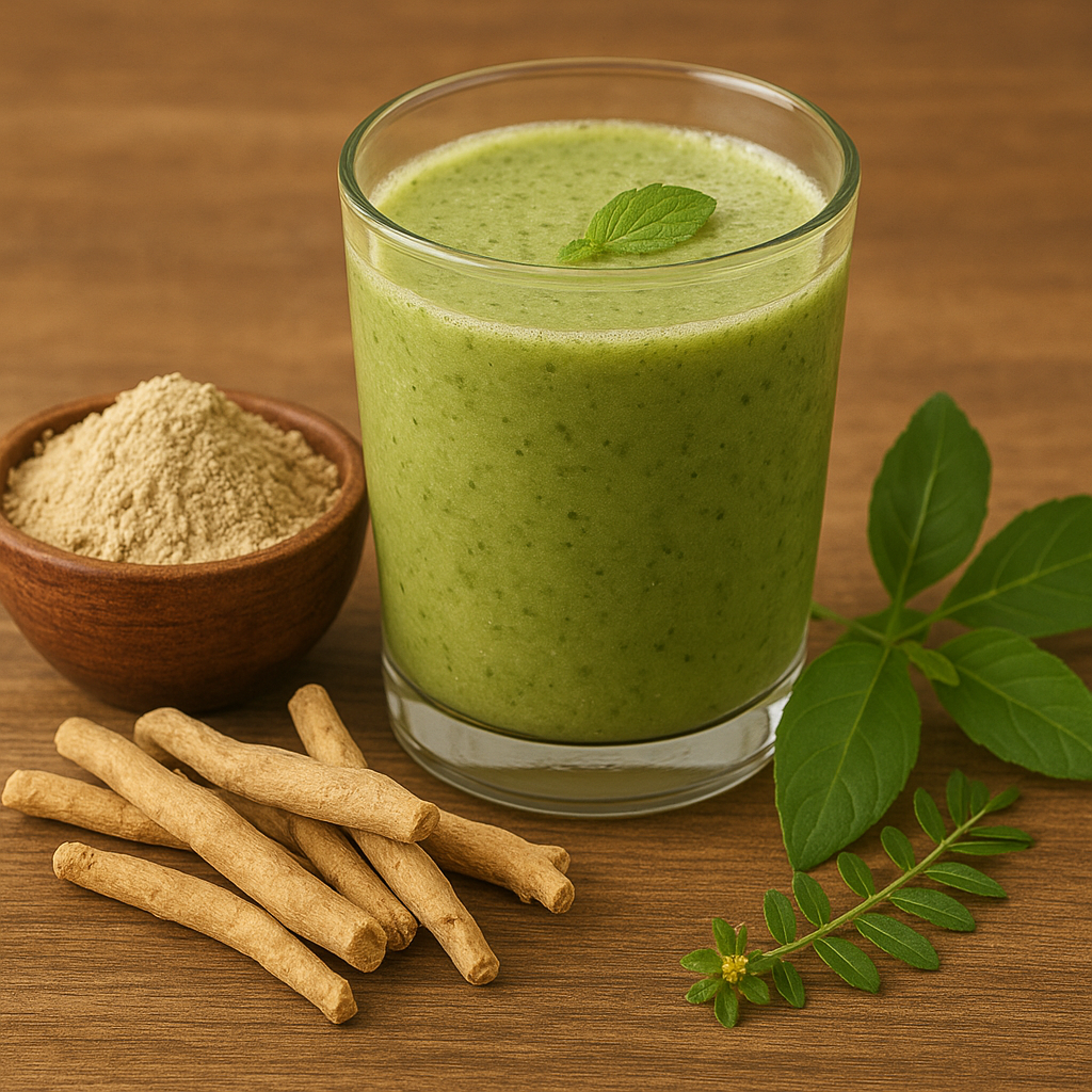Green herbal smoothie with ashwagandha roots, shatavari powder, and gokshura leaves on a wooden surface.