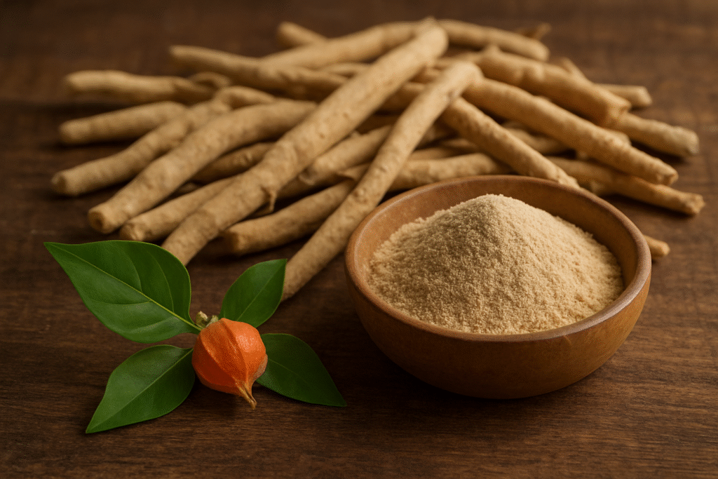 A wooden bowl with ashwagandha powder within, encircled by green foliage, ashwagandha roots, and a tiny orange fruit on a wooden surface.