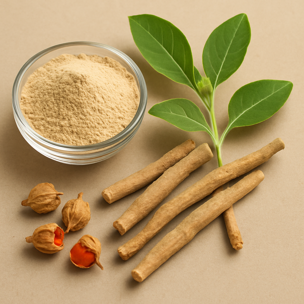 Ashwagandha roots with green leaves, dried berries, and powdered form displayed on a natural background.