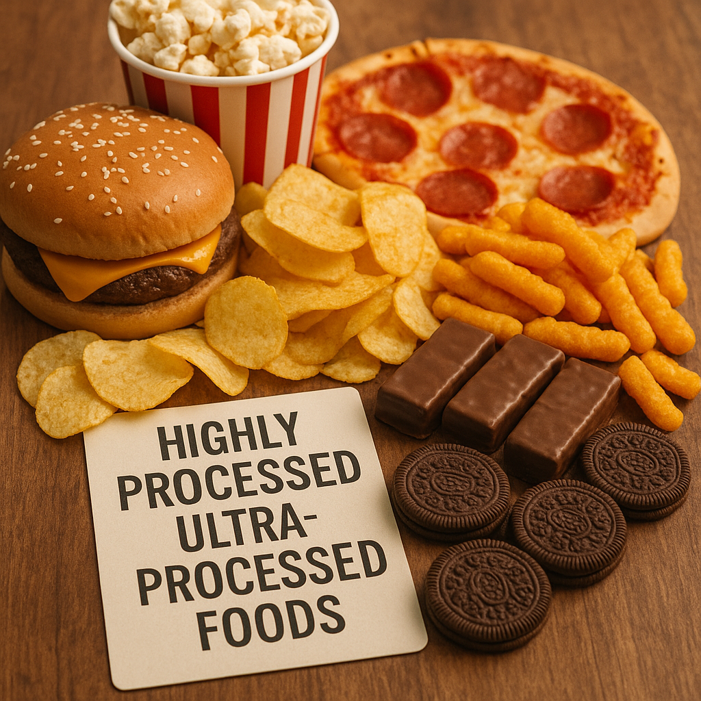 Burgers, pizza, chips, cheese puffs, cookies, chocolate bars, popcorn, and other highly processed meals are spread out on a wooden board.