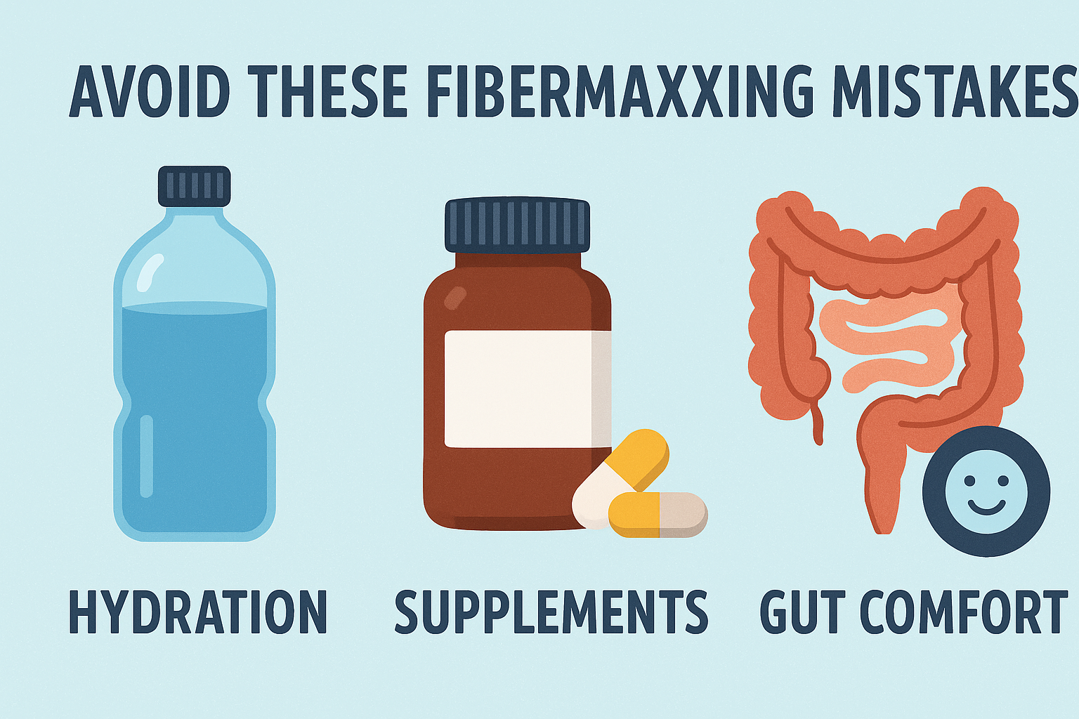 This featured image is showing a water bottle to get hydration, a supplement bottle with capsules, and an intestine illustration with a smiley face resembling gut comfort.