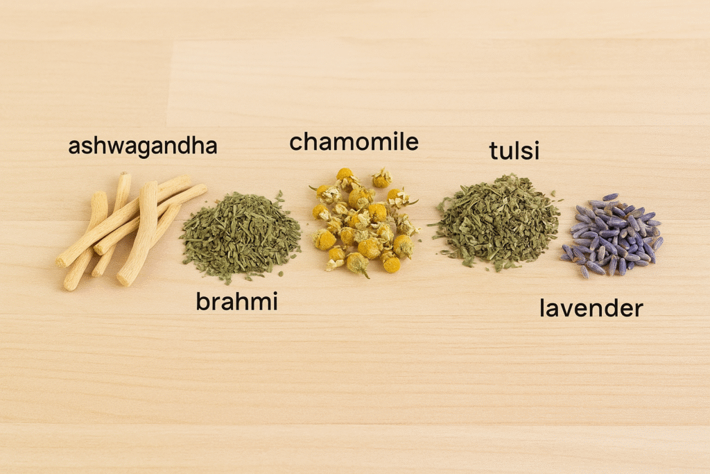 Five natural herbs—ashwagandha roots, brahmi leaves, chamomile flowers, tulsi leaves, and lavender buds—arranged neatly on a light wooden surface, each labeled with black text.