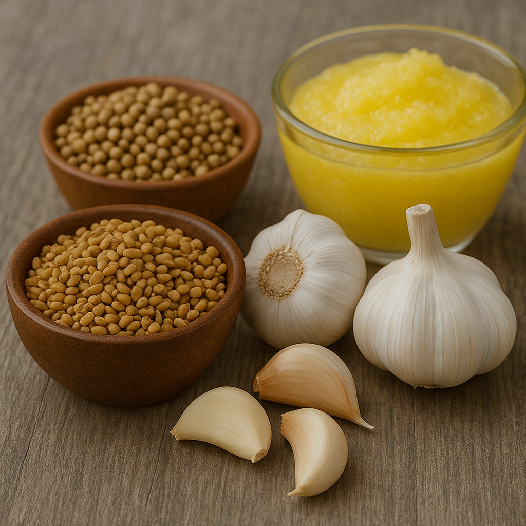 A bowl of fenugreek seeds, whole garlic bulbs with cloves, coriander seeds, and a glass bowl of ghee placed on a wooden surface.