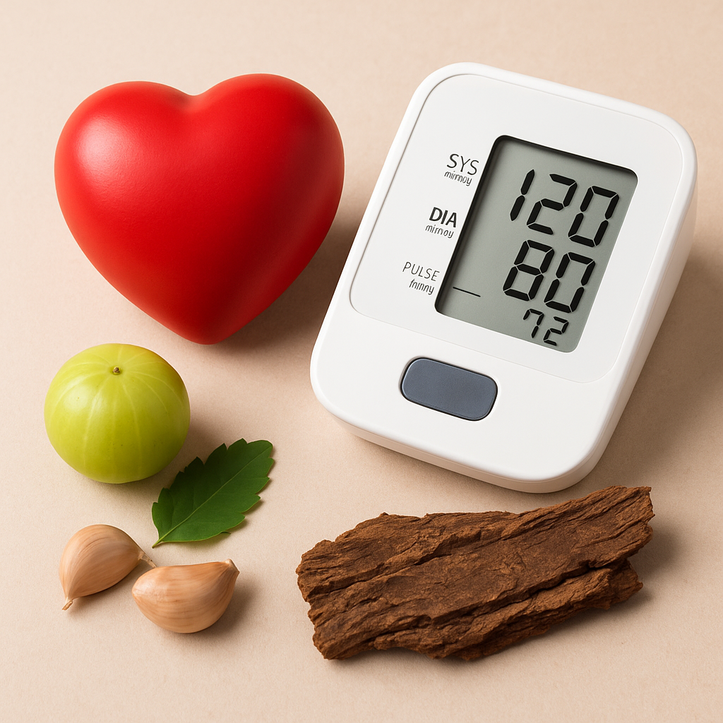 On a beige background, a digital blood pressure monitor, fresh amla fruit, pieces of arjuna bark, garlic cloves, and a red heart model represent Ayurvedic treatments for heart health and hypertension.