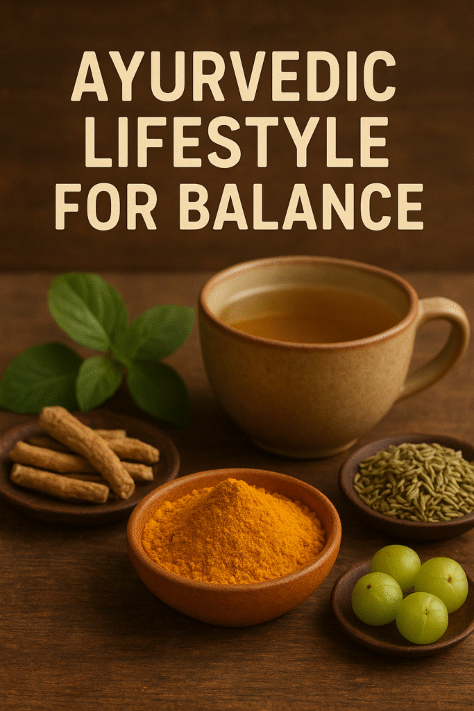 A rustic scenario featuring fresh tulsi leaves, fennel seeds, ashwagandha roots, turmeric powder, amla fruits, and a cup of herbal tea on a wooden board.