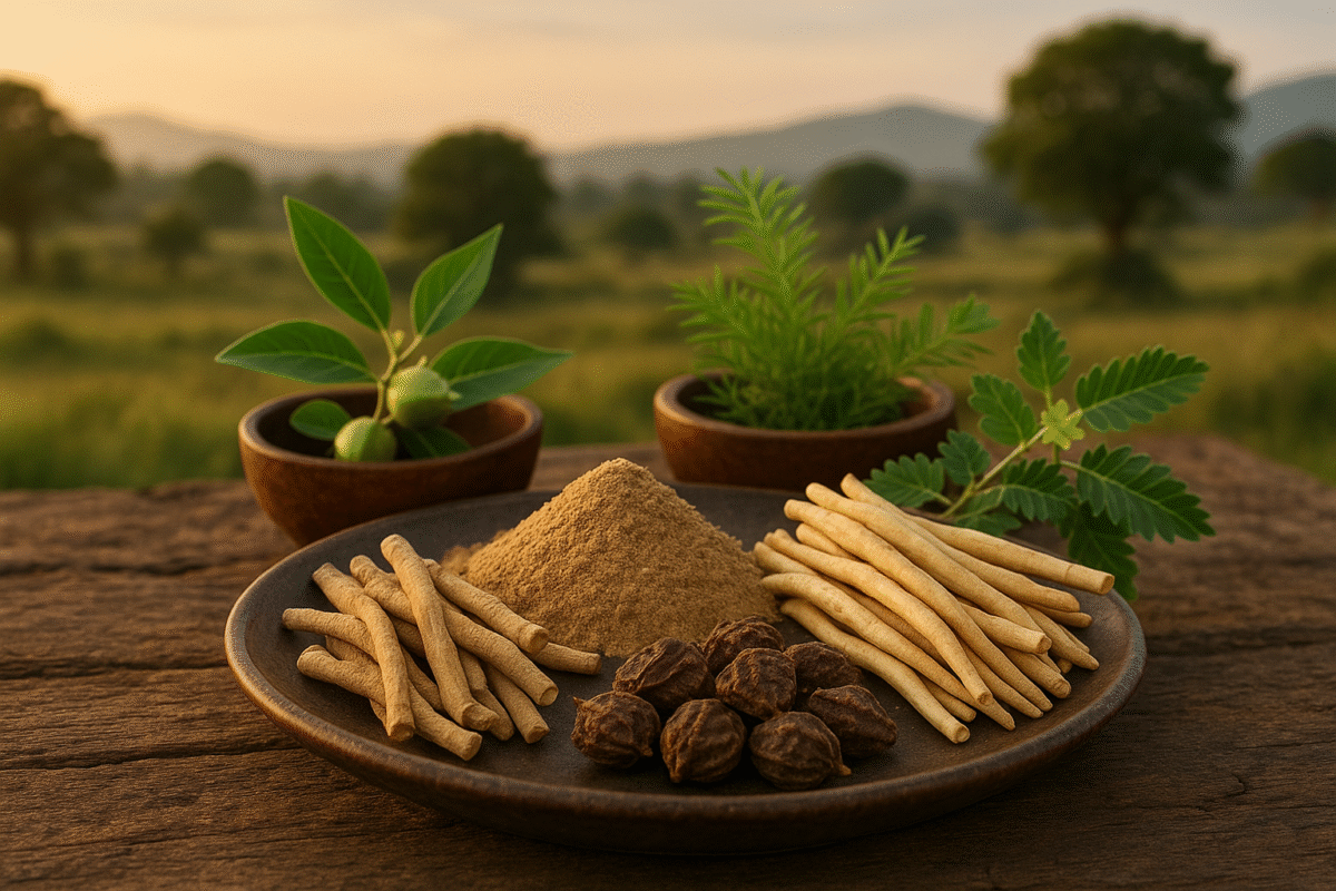 A rustic plate with Ashwagandha roots, Shatavari sticks, Gokshura fruits, and herbal powder set against a natural landscape.