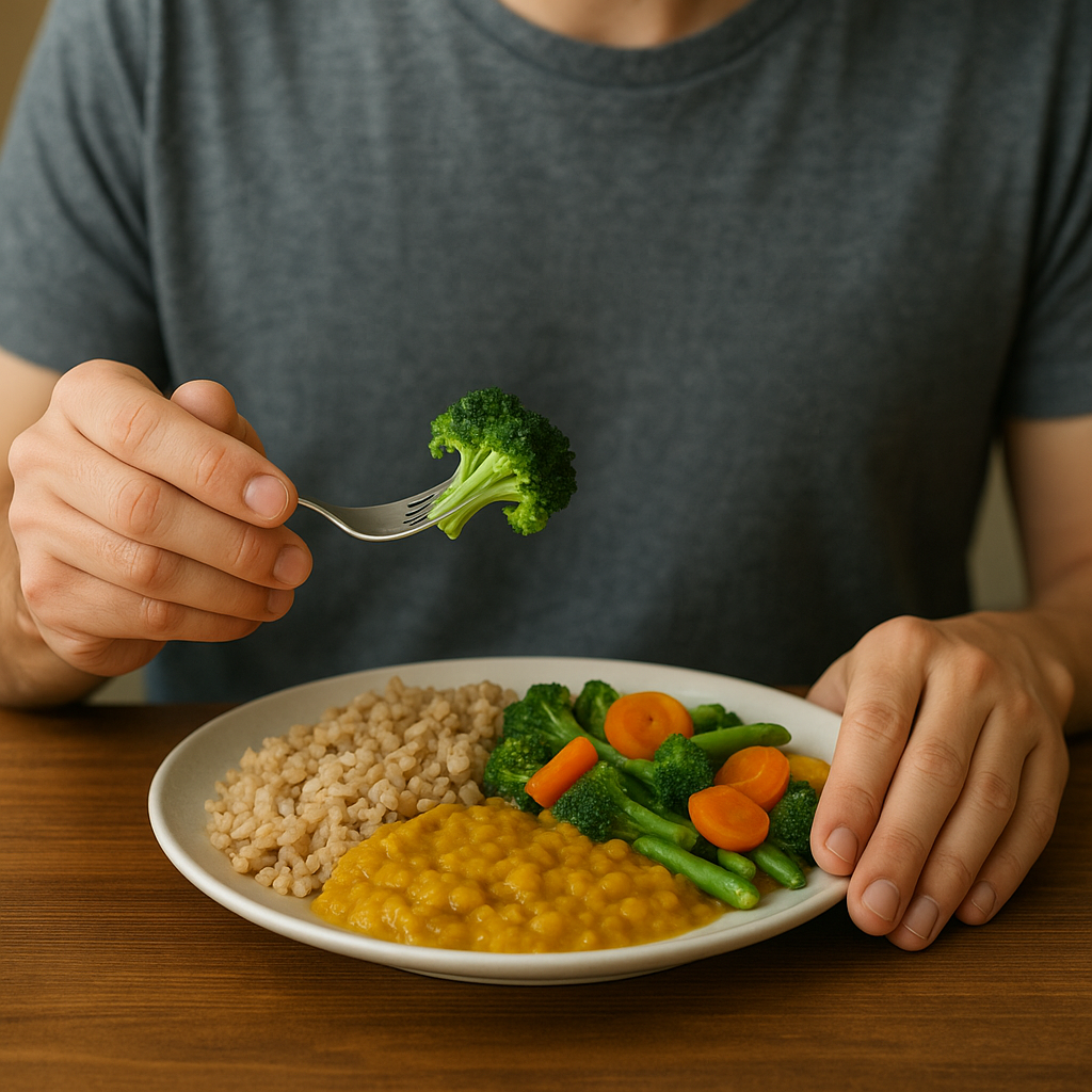 Person eating a balanced Ayurvedic meal of rice, lentils, and vegetables, representing Mitahara or moderate eating.