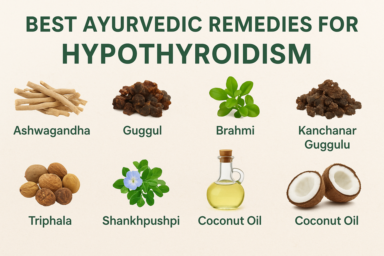 Ayurvedic remedies for hypothyroidism showing Ashwagandha, Guggul, Brahmi, Kanchanar Guggulu, Triphala, Shankhpushpi, and Coconut Oil.