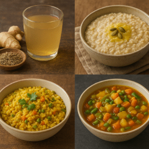 A collage showing ginger-cumin water, oatmeal with ghee and cardamom, spiced kitchari, and a light vegetable stew.