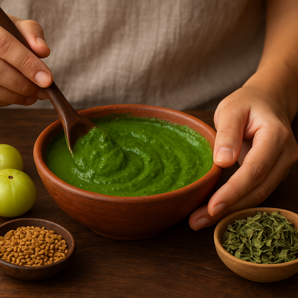 A close-up of a bowl filled with a green Ayurvedic hair mask, surrounded by amla fruits, fenugreek seeds, and dried bhringraj leaves on a wooden table.