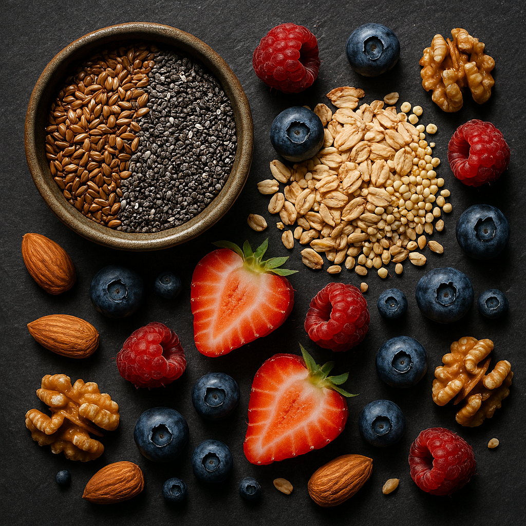 This image shows a ceramic bowl filled with flaxseeds and chia seeds. Also there are oats, millet, barley, fresh strawberries, blueberries, raspberries, almonds, and walnuts.