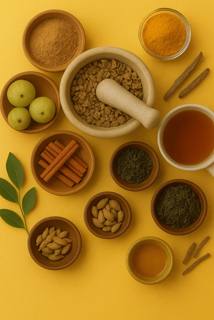 A realistic picture of a mortar and pestle with a wooden surface holding Ayurvedic components such as tea, amla, cinnamon, turmeric, cardamom, herbal powders, and roots.