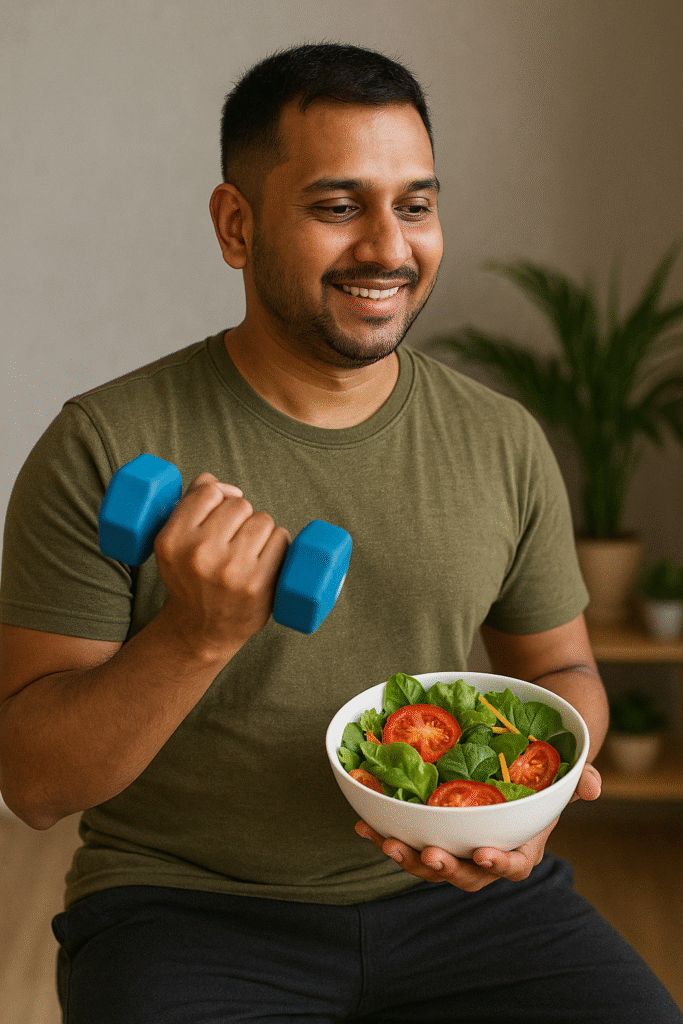 A young South Asian man is seen grinning while exercising with a dumbbell in one hand and holding a bowl of fresh salad in the other, signifying the harmony of a regular exercise routine with a nutritious diet.