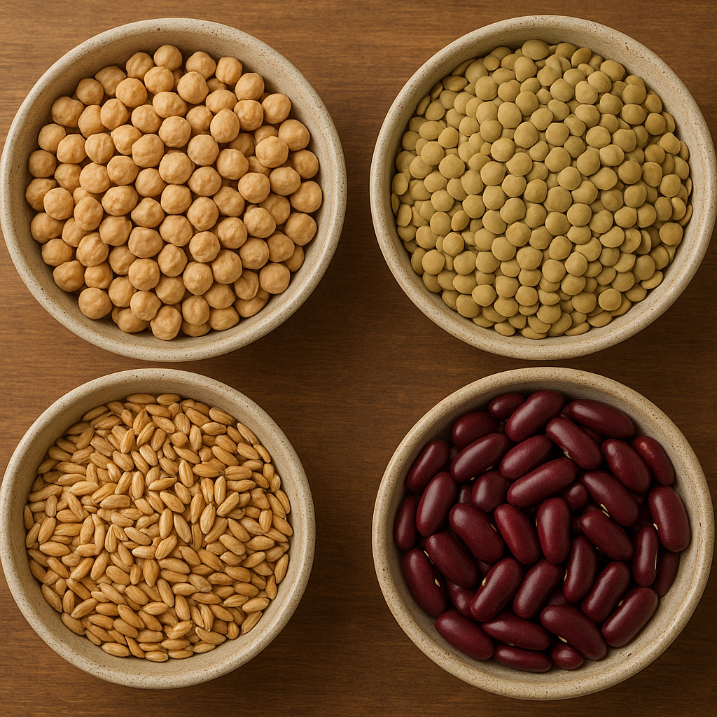 On a wooden surface are four ceramic dishes containing red kidney beans, chickpeas, lentils, and whole grains.