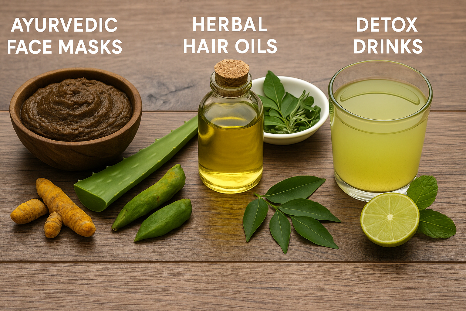 This image shows an Ayurvedic remedies for hair fall and skin problems with turmeric and aloe vera face mask with herbal hair oil, curry leaves, and lime-mint detox drink on a wooden table.