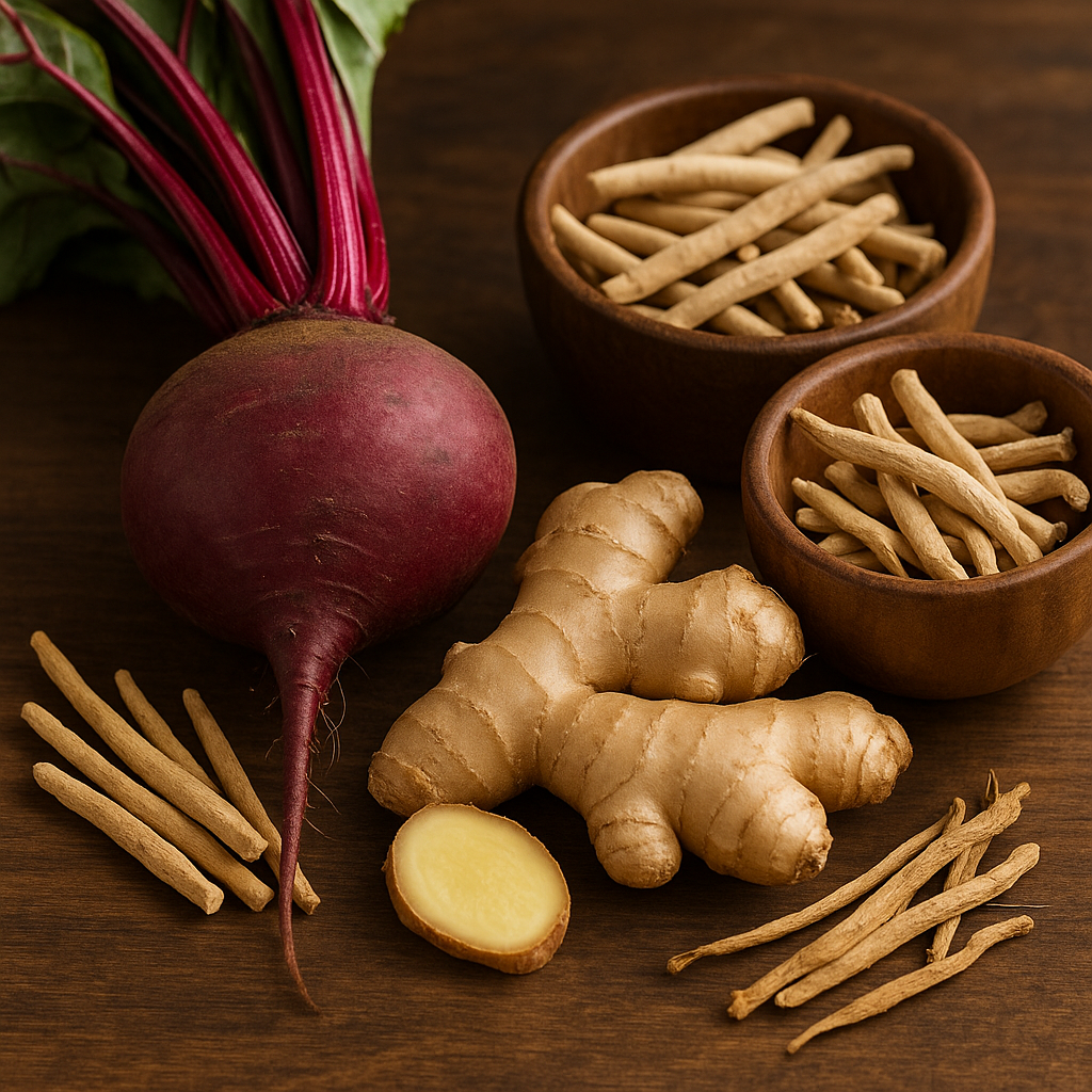 A realistic image of beetroot, ginger, ashwagandha, astragalus, and ginseng roots arranged neatly on a wooden table.