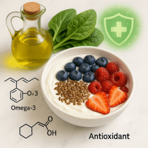 A bowl of yogurt topped with flaxseeds, blueberries, raspberries, and strawberries beside spinach leaves and olive oil, with molecular illustrations of omega-3 and antioxidants.