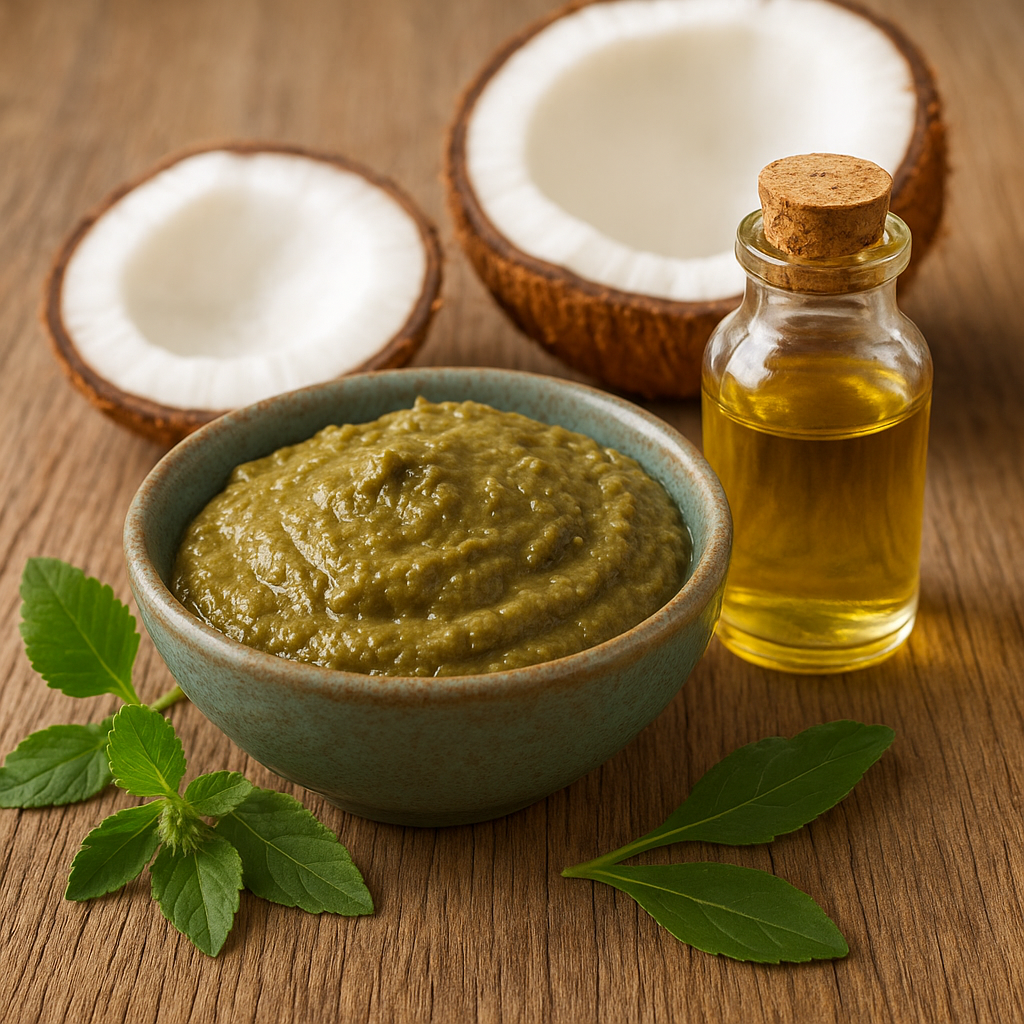 A bowl of green Bhringraj paste with fresh leaves, coconut oil in a glass bottle, and halved coconuts on a wooden surface.