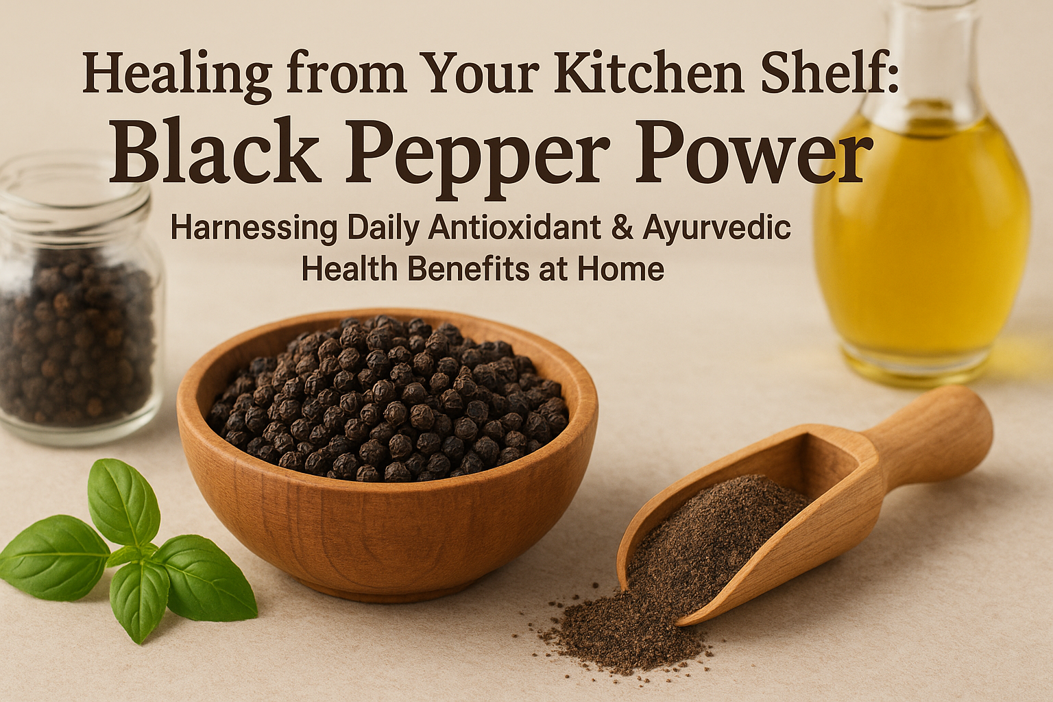 Wooden bowl full of black peppercorns and pepper powder in a scoop. There is fresh basil leaves and jar of pepper, with golden oil bottle.
