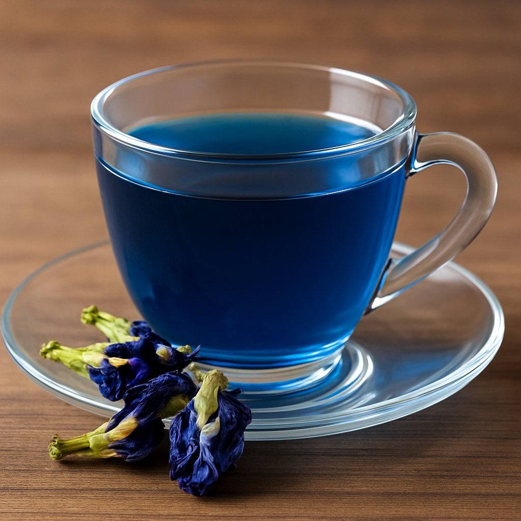Transparent glass cup filled with vivid blue Butterfly Pea Tea, served on a saucer with dried butterfly pea flowers beside it.