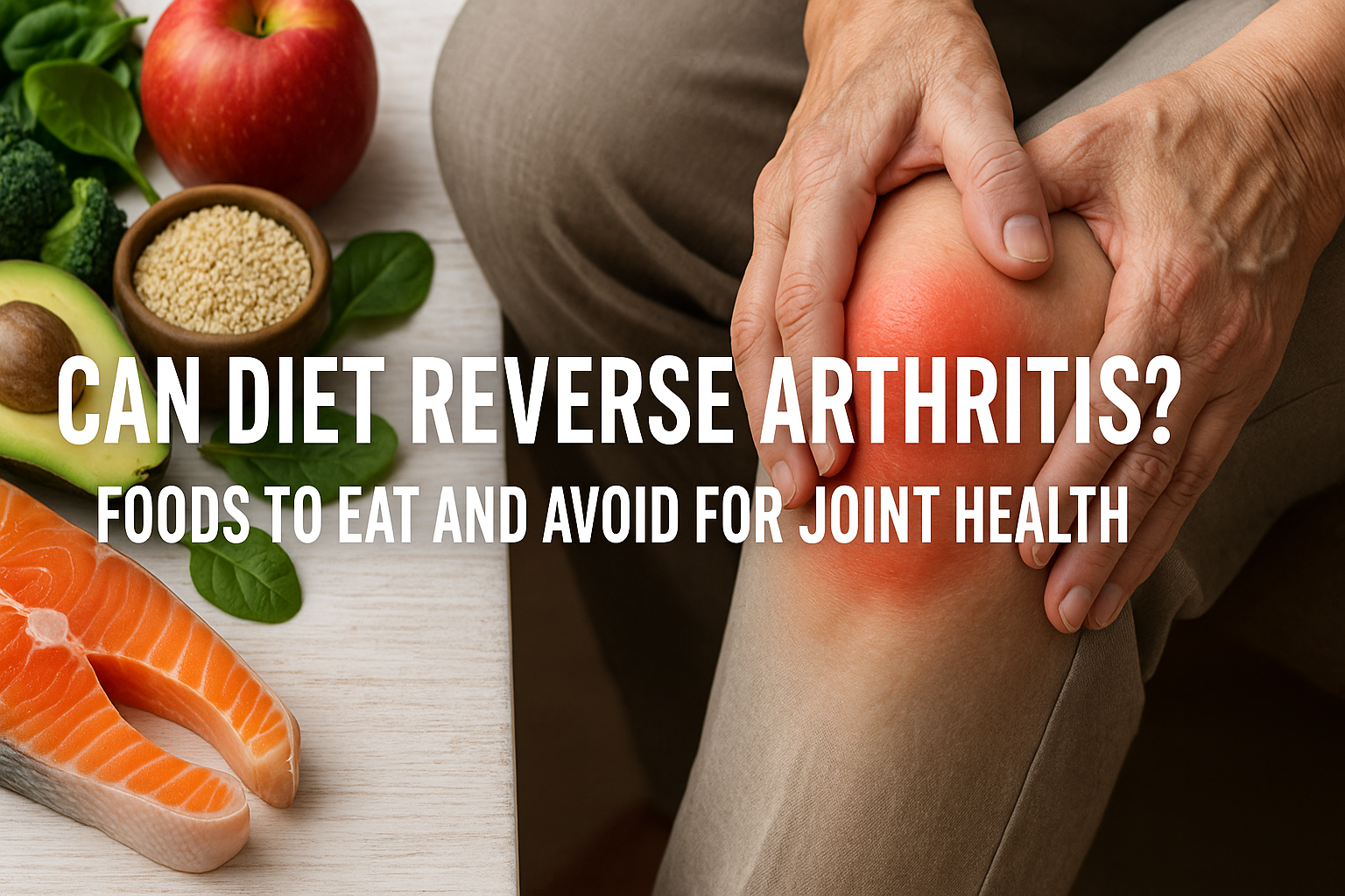 An elderly individual with an inflammatory, painful knee is shown alongside nutritious meals like salmon, avocado, spinach, and apples, emphasising the link between nutrition and arthritis.