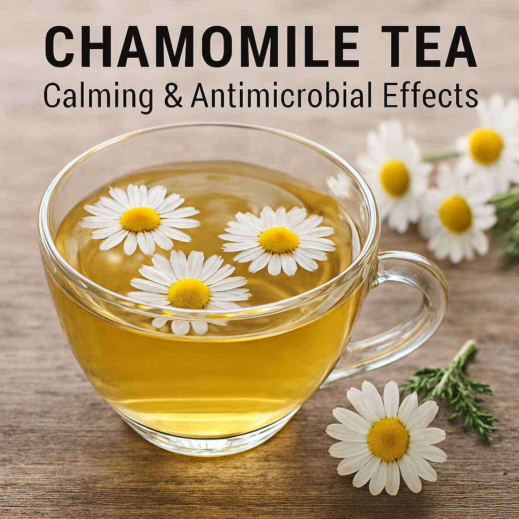 A clear glass cup of golden chamomile tea with three floating chamomile flowers, placed on a rustic wooden surface with fresh blooms and green stems nearby; text overlay reads “Chamomile Tea – Calming & Antimicrobial Effects.”