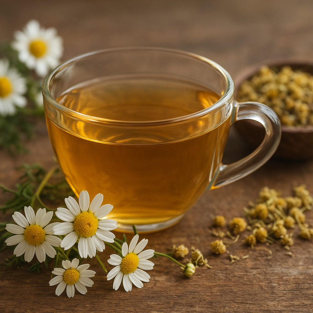 Glass cup of golden wild chamomile tea surrounded by fresh chamomile flowers and dried blossoms on a wooden table