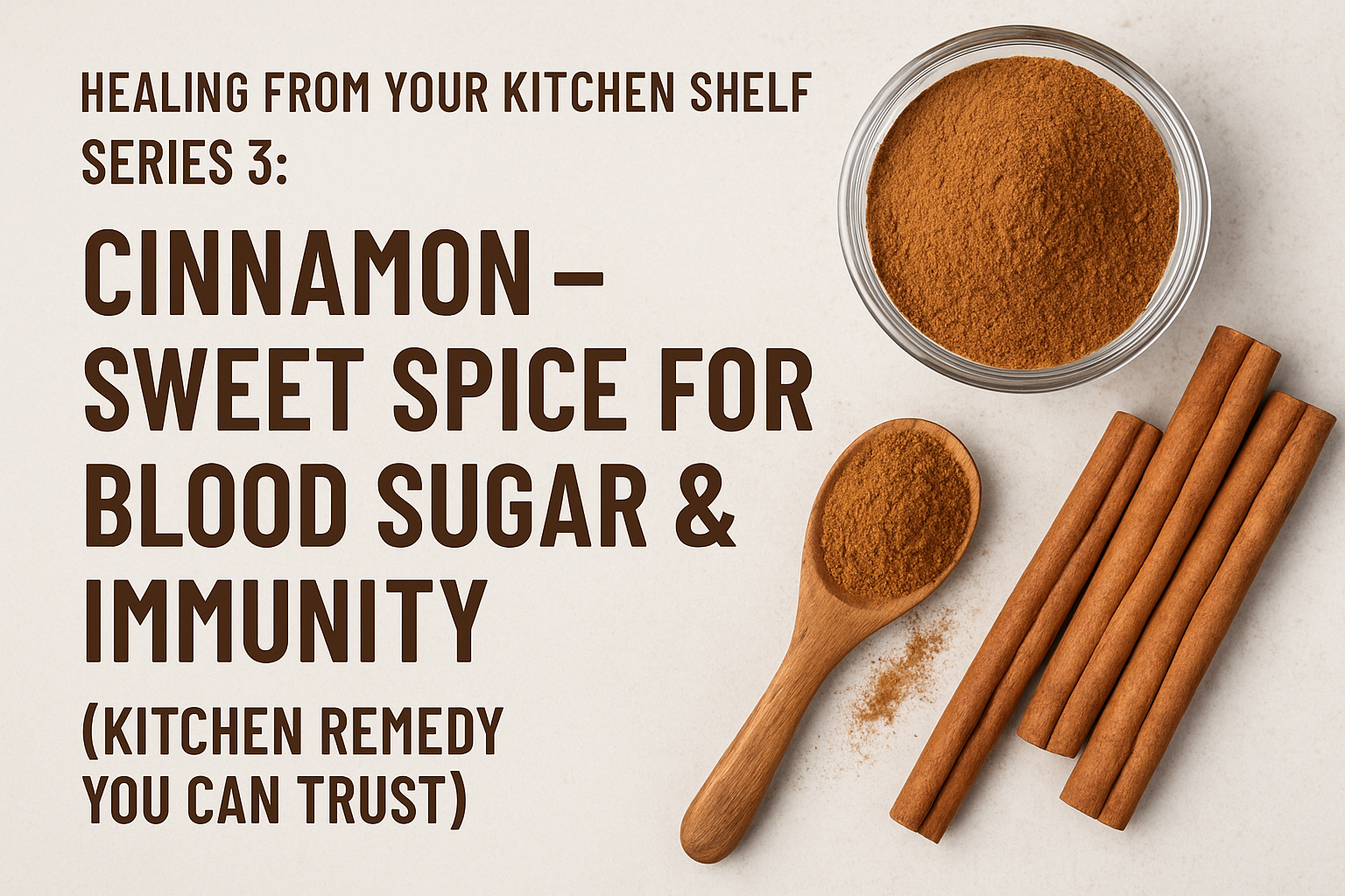 This image shows a Glass bowl of cinnamon powder and cinnamon sticks, with a wooden spoon. Cinnamon has a benefit for blood sugar with immunity.