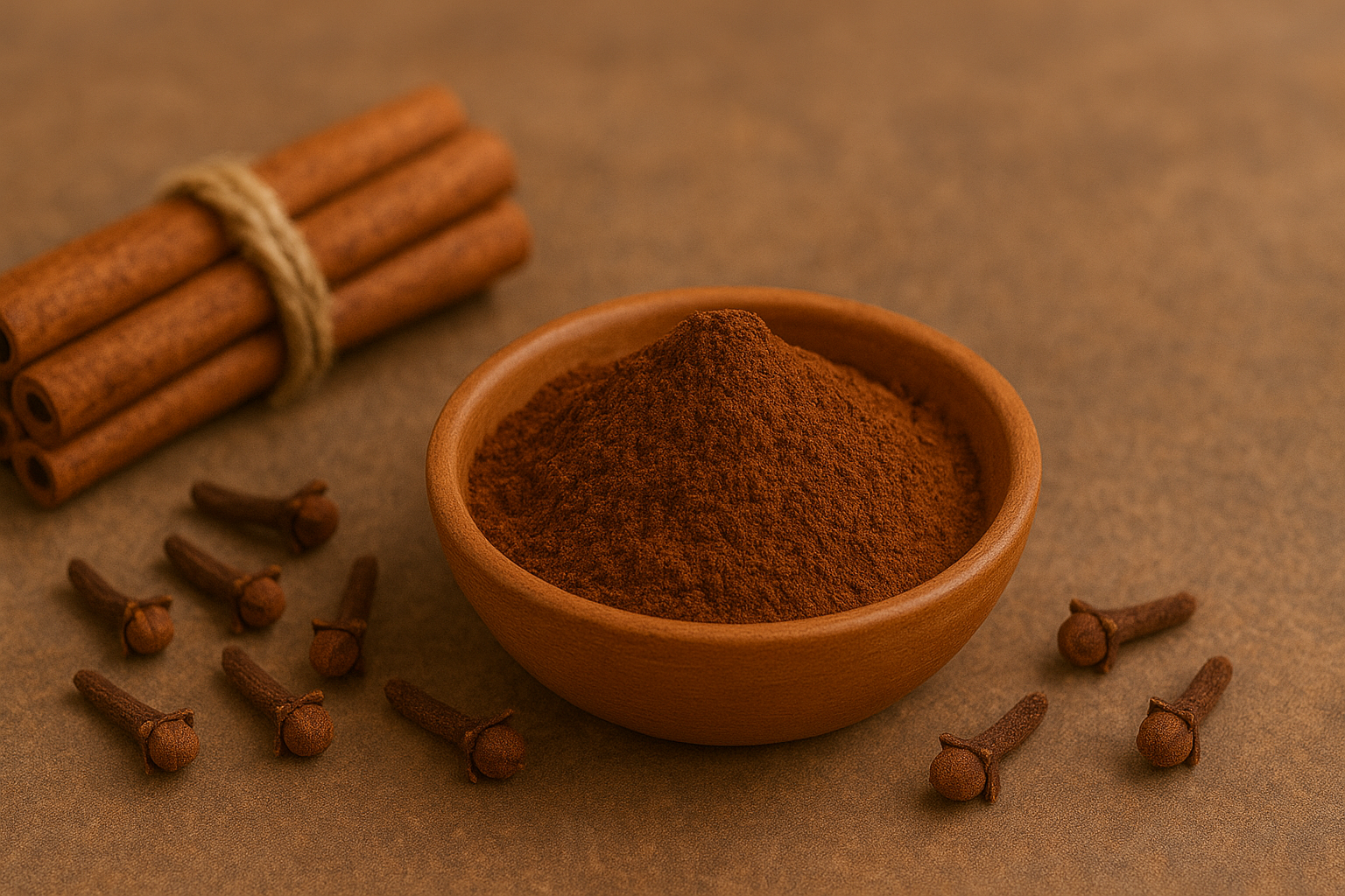 Powdered clove and whole clove in a wooden bowl on a rustic brown surface.