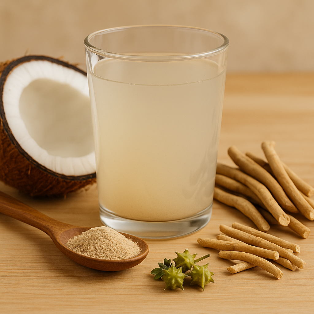 A glass of coconut water with ashwagandha roots, shatavari roots, gokshura fruits, and herbal powder on a wooden surface.