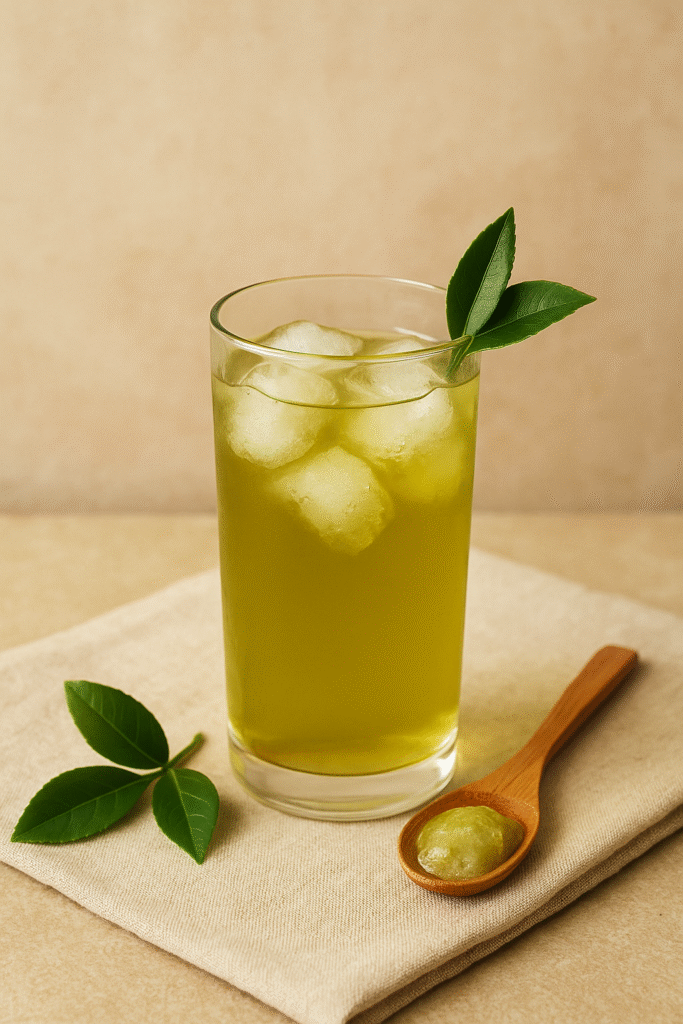 Tall glass of cold brew green tea with ice cubes, garnishing with fresh tea leaves and served on a linen cloth.