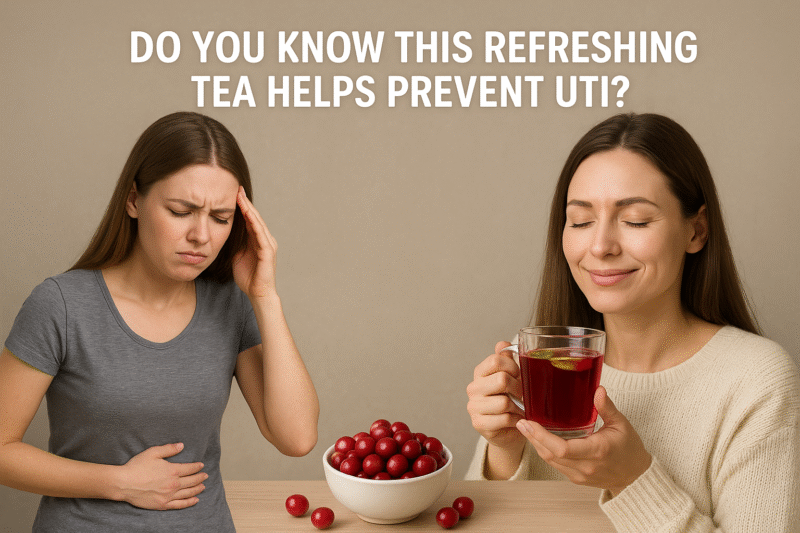 Split-screen image showing a stressed woman on the left suffering from UTI discomfort, and on the right a refreshed woman enjoying cranberry tea with a bowl of cranberries on the table, along with text “Do you know this refreshing tea helps prevent UTI?
