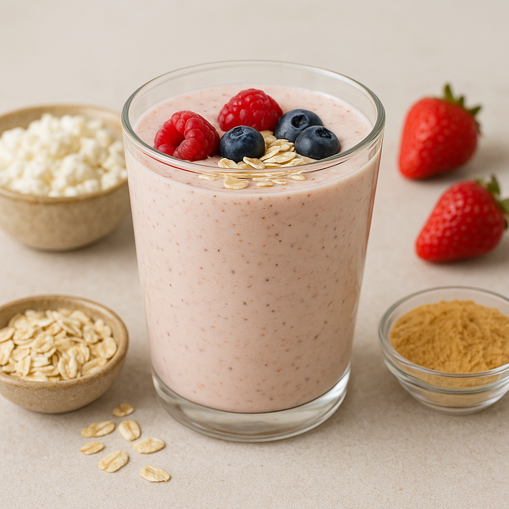 A glass of creamy cottage cheese smoothie topped with rolled oats, raspberries, and blueberries, with bowls of cottage cheese, peanut powder, and fresh strawberries around it.