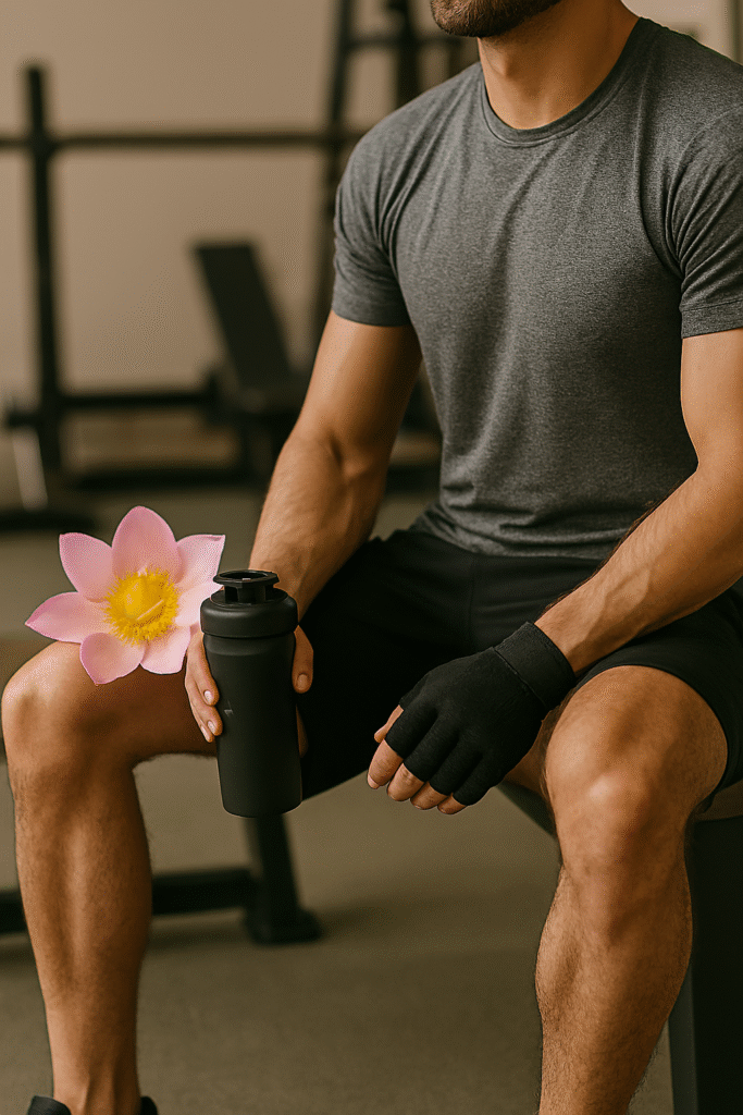 A muscular man seated on a gym bench holding a water bottle, wearing workout gloves and athletic wear, with a pink lotus flower beside him—symbolizing the Virechana cleansing phase of Panchakarma for post-training recovery.