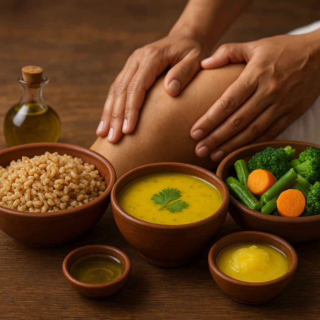 A spread of Ayurvedic remedies including ripe grains, soup, steamed vegetables, ghee, and herbal oil with Abhyanga massage for osteoarthritis.