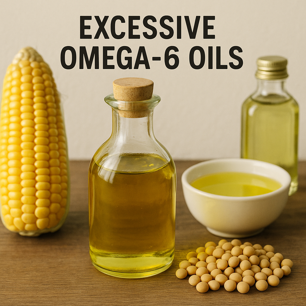 Corn, soybeans and a dish of oil in glass bottles of vegetable oil symbolise too much omega-6 oil.