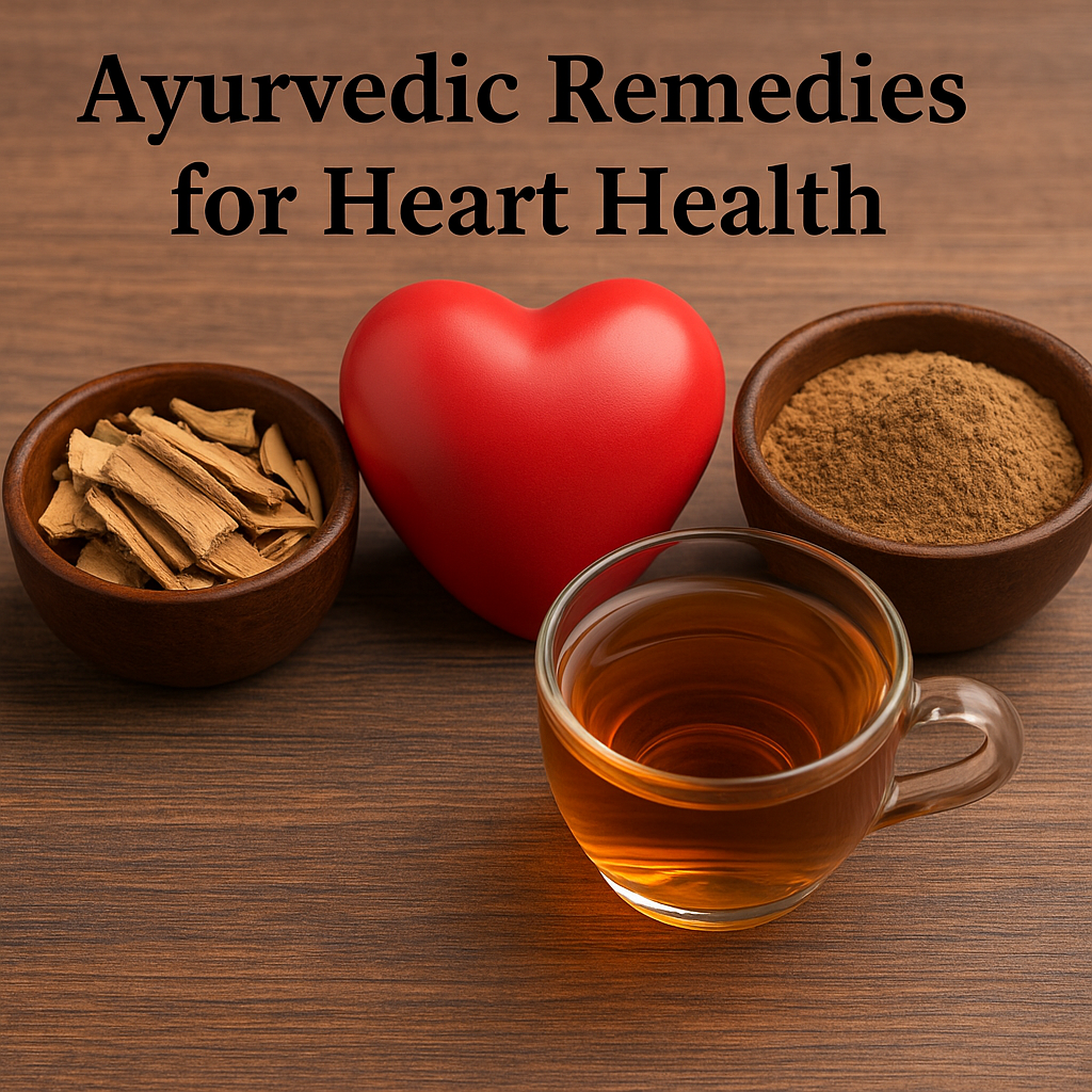 A cup of Arjuna bark tea with bowls of Arjuna bark slices and Triphala powder placed beside a symbolic red heart, representing Ayurvedic support for heart health.
