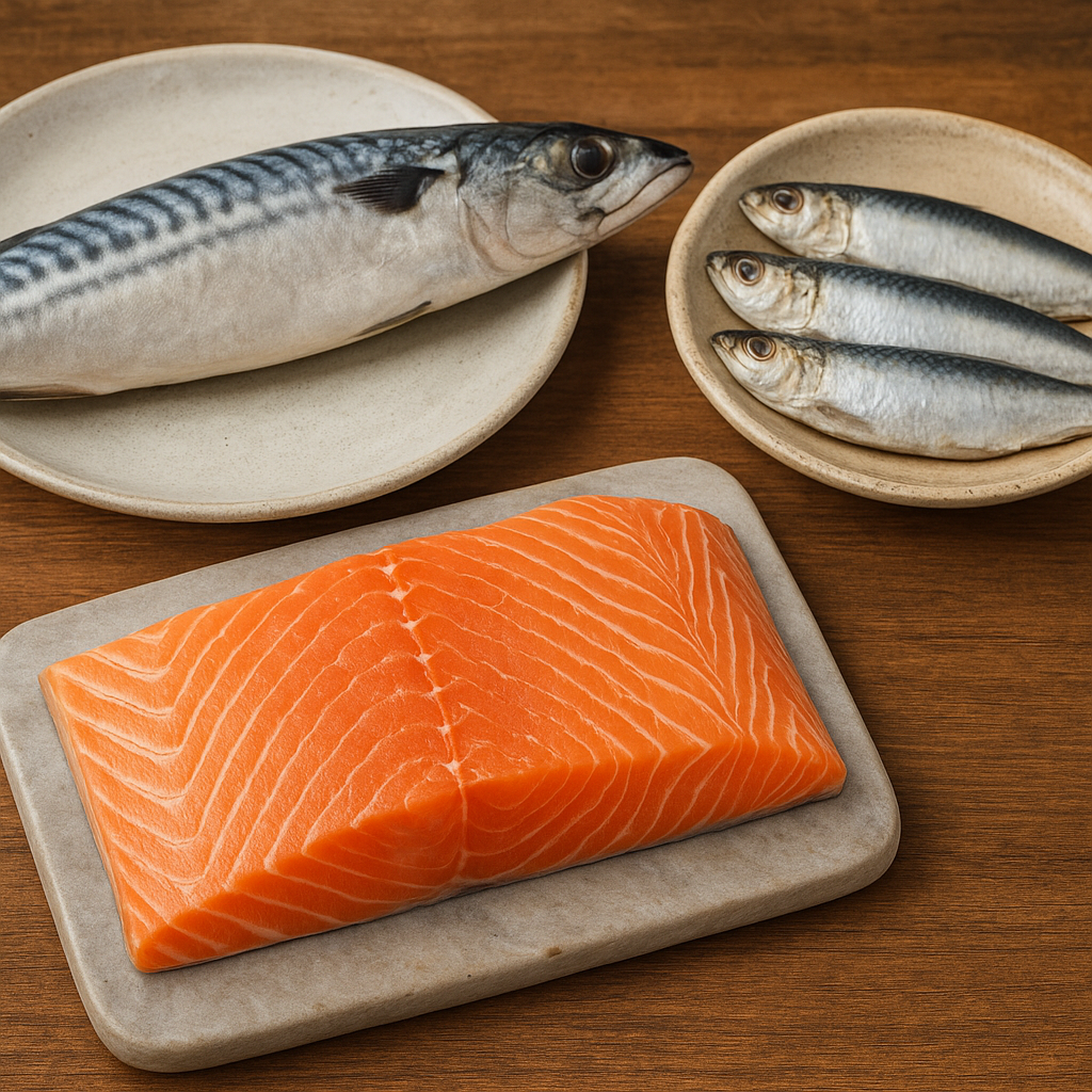 A realistic arrangement of fatty fish on ceramic plates set atop a hardwood surface, with three sardines, a whole mackerel, and a fresh salmon fillet.