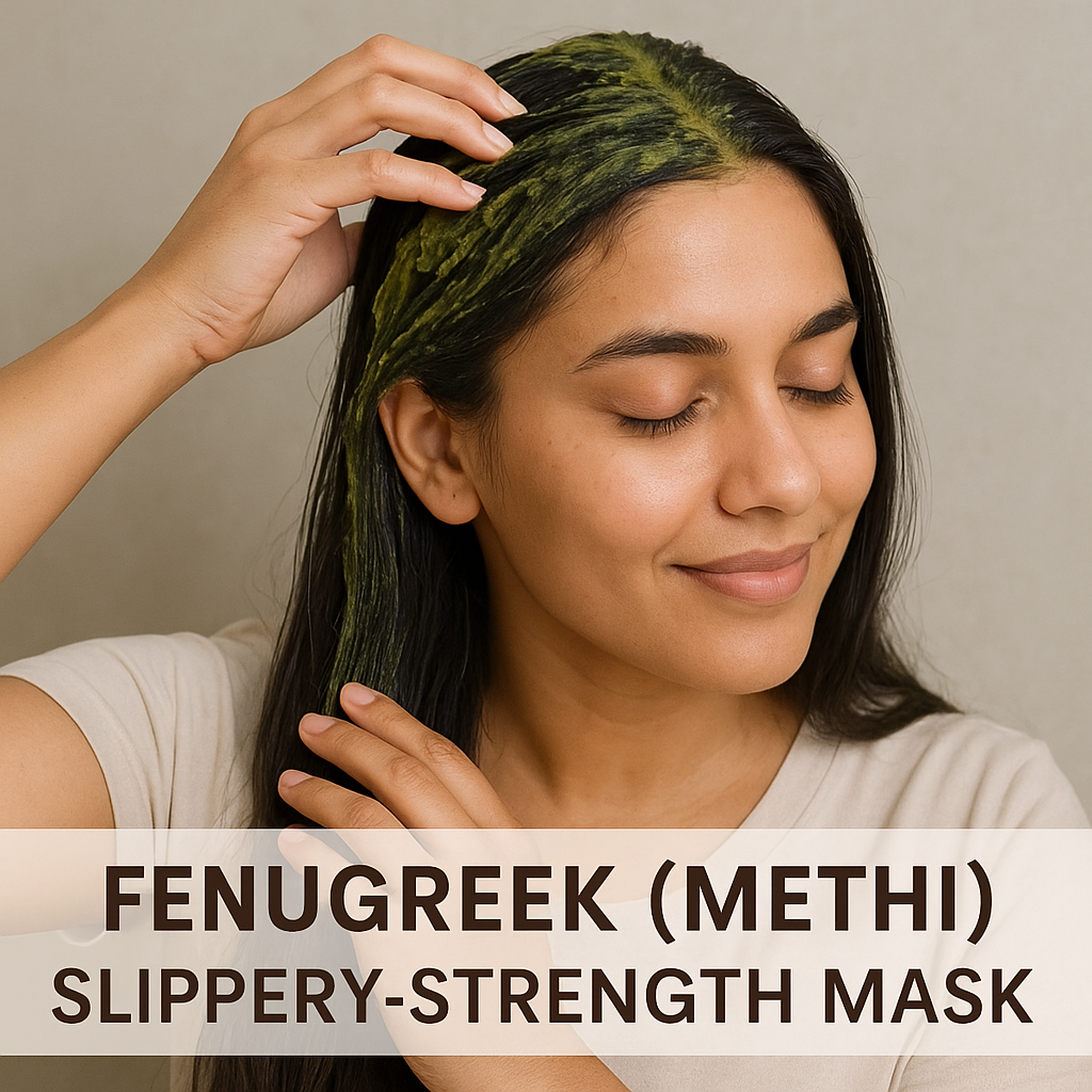 A young woman with closed eyes applies a greenish-yellow fenugreek (methi) hair mask to her scalp and hair, looking calm and relaxed.
