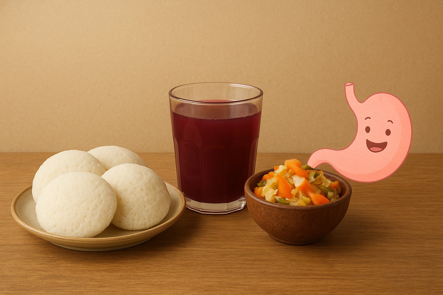 A plate of idlis, a glass of kanji, and a bowl of fermented vegetables with a smiling gut illustration, symbolizing gut health benefits of Indian fermented foods.