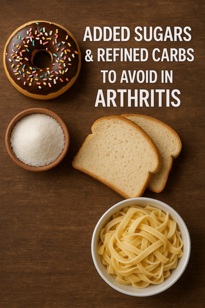 Slices of white bread, a dish of pasta, a sprinkled doughnut, and a bowl of sugar are all shown on a wooden board with writing emphasising items that people with arthritis should avoid.
