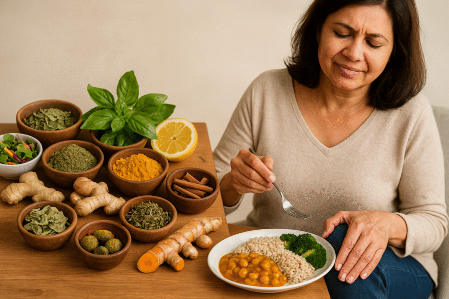 Middle-aged South Asian woman enjoying an Ayurvedic meal with rice, chickpea curry, broccoli, and herbs like turmeric, ginger, and cinnamon for gut and joint health